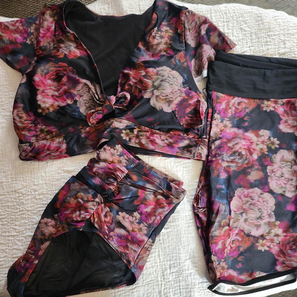 Torrid Black and Pink Floral Swim Set